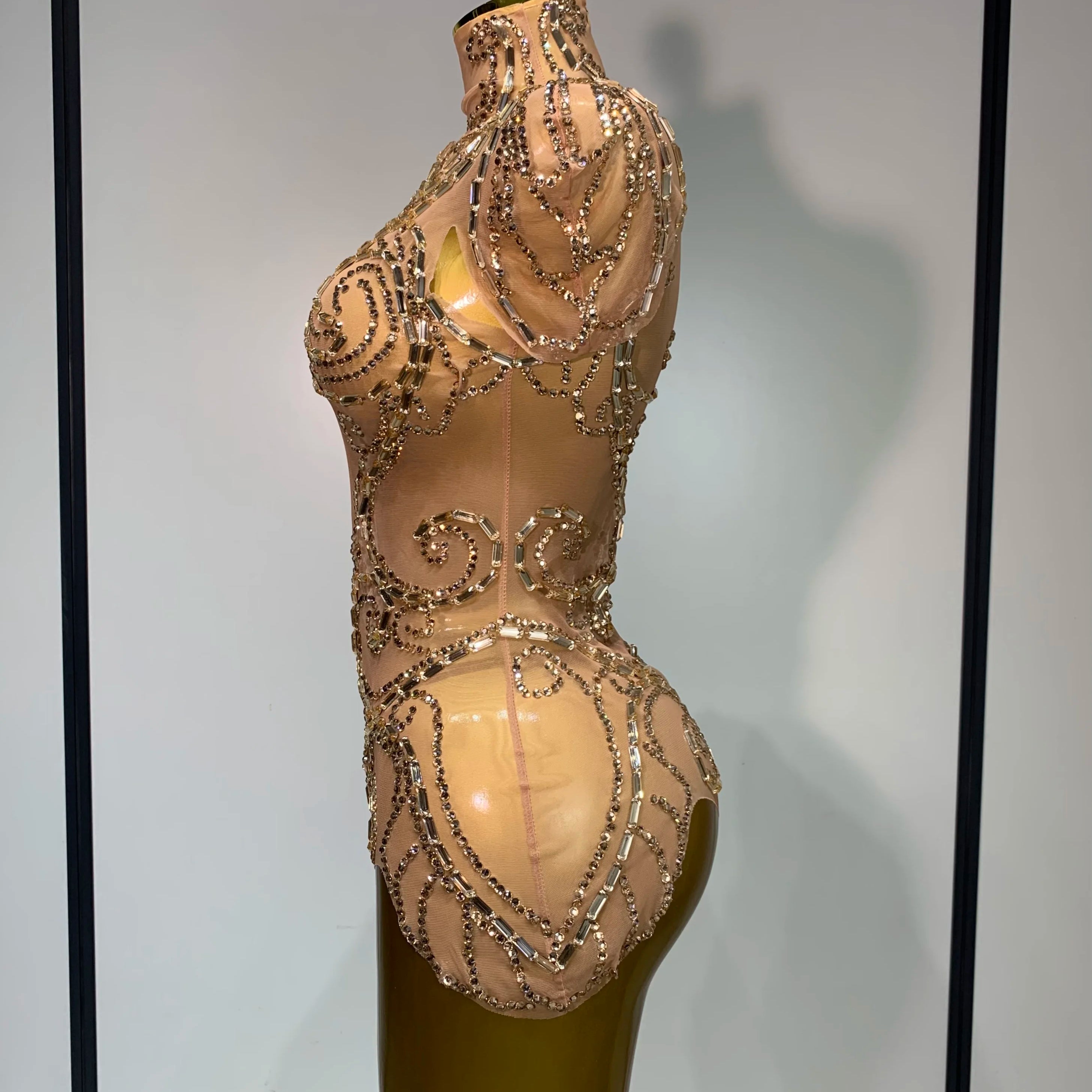 Shining Rhinestone Bodysuit Sexy Mesh See Through Dancer Birthday Evening Party Celebrate Performance Nightclub Stage Outfit