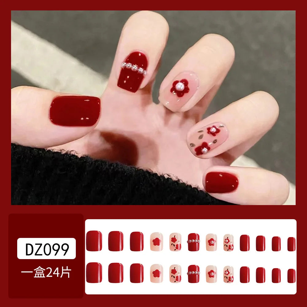 24Pcs Red Fake Nails with 3D White Flower Design Mid Length Coffin Press on Nails Wearable Korean Sweet Flower False Nails