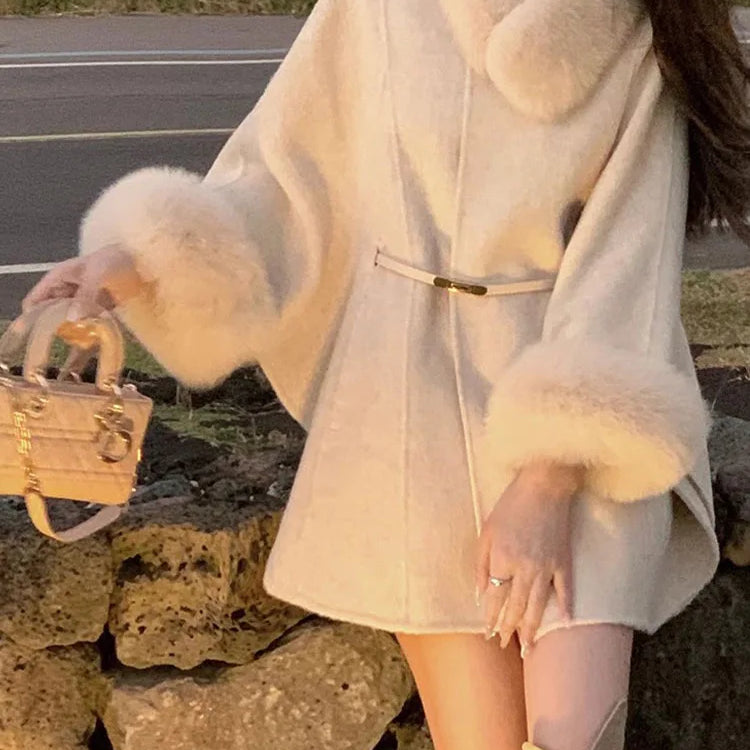 Elegant Women Woolen Coat Long Sleeve Korean Fashion Vintage Jackets Slim Solid Fairycore Autumn Winter Coats Beige