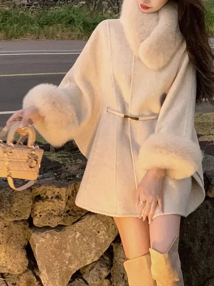 Elegant Women Woolen Coat Long Sleeve Korean Fashion Vintage Jackets Slim Solid Fairycore Autumn Winter Coats Beige