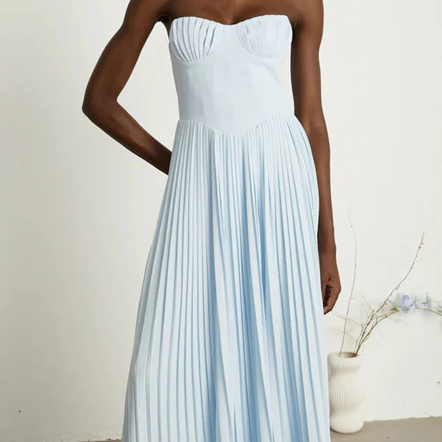 TWOTWINSTYLE Solid Slimming Elegant Midi Dresses for Women Strapless Sleeveless Patchwork Fold Dress Female Temperament Clothing