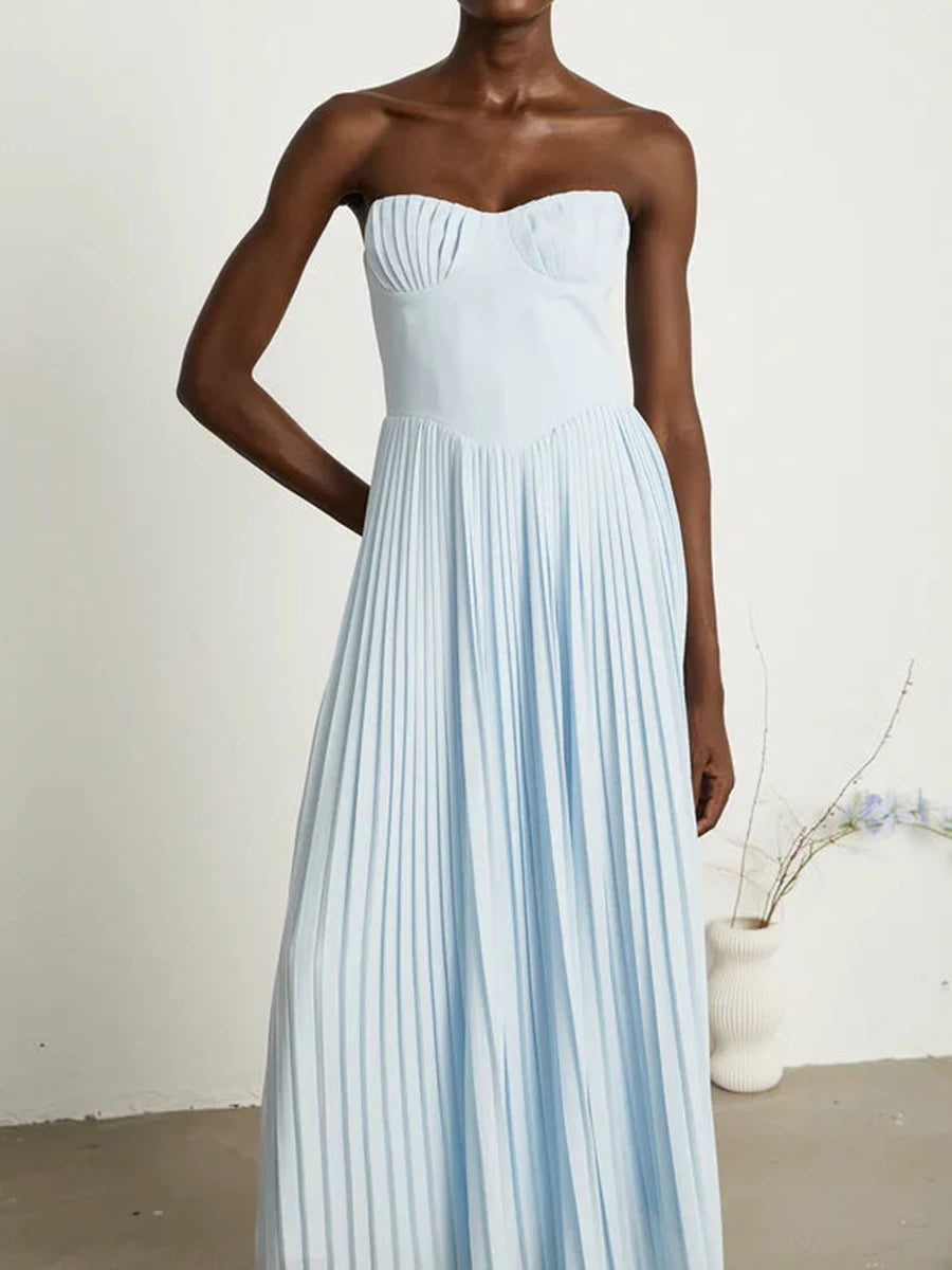 TWOTWINSTYLE Solid Slimming Elegant Midi Dresses for Women Strapless Sleeveless Patchwork Fold Dress Female Temperament Clothing