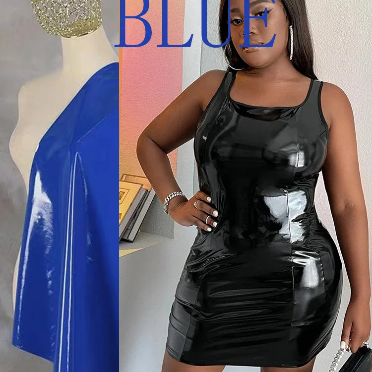 Summer Sleeveless Faux Latex Dress Women Plus Size Sexy PVC Leather Mini Dress Square Collar Ladies Bodycon Pu Dress 6XL 7XL Blue