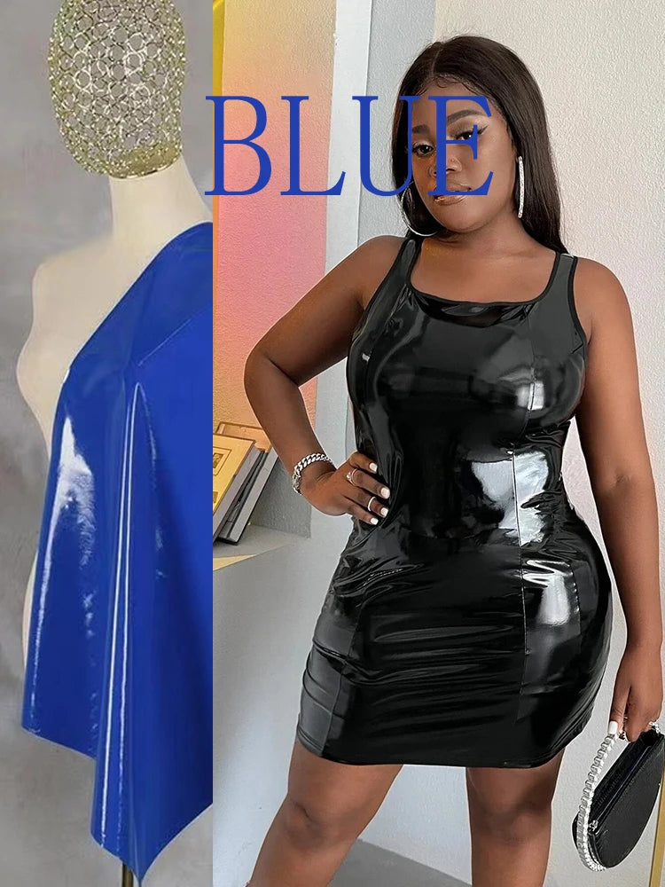 Summer Sleeveless Faux Latex Dress Women Plus Size Sexy PVC Leather Mini Dress Square Collar Ladies Bodycon Pu Dress 6XL 7XL Blue