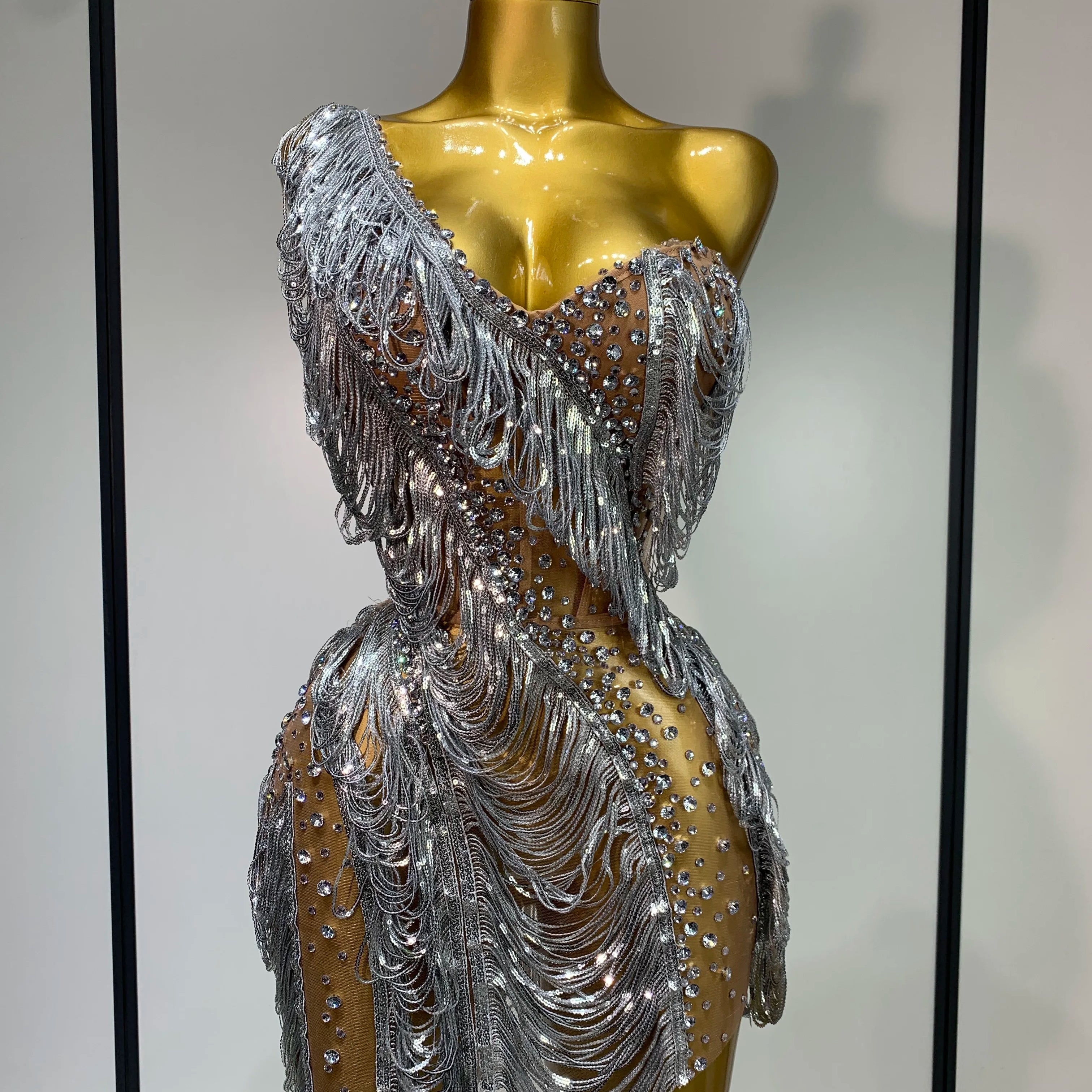 Sparkly Rhinestone Tassel Mesh Dress Nightclub Dance Stage Performance Costume Evening Party One shoulder Nigtclub Mini Dress