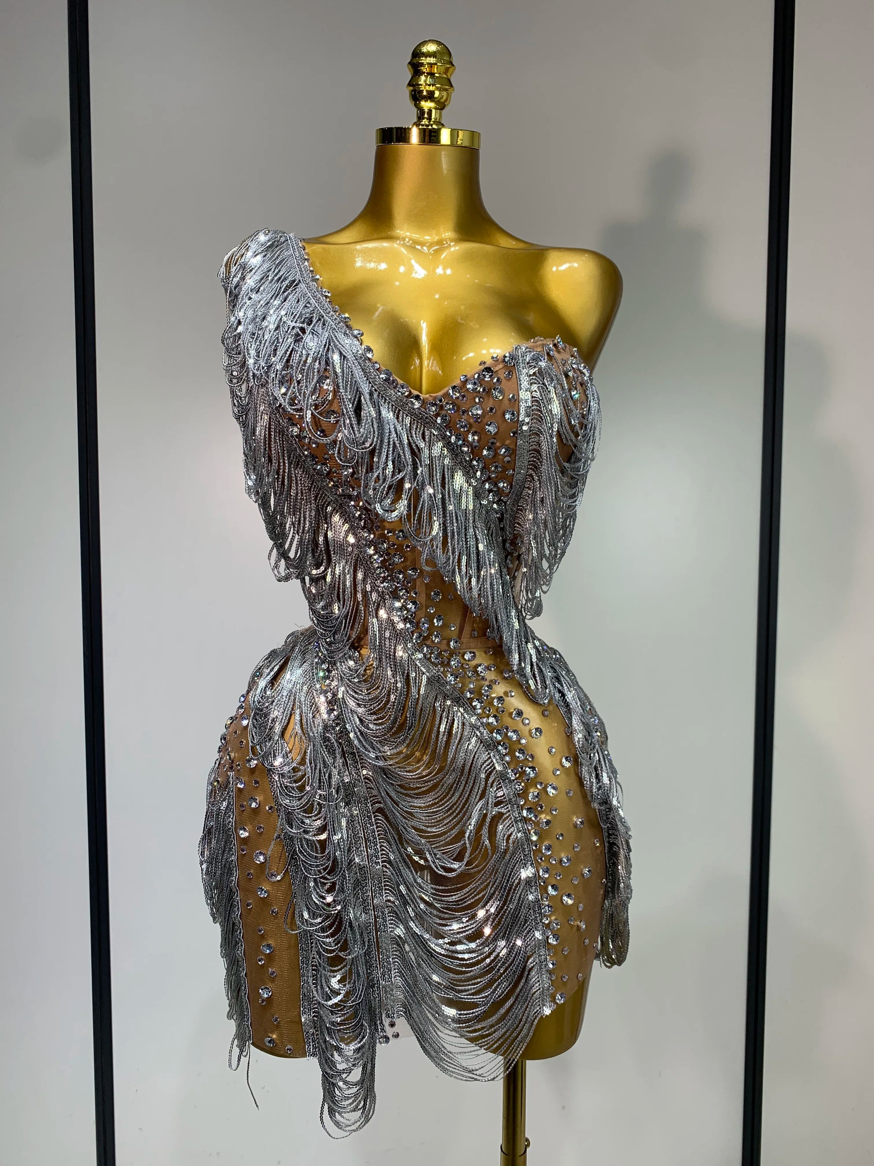 Sparkly Rhinestone Tassel Mesh Dress Nightclub Dance Stage Performance Costume Evening Party One shoulder Nigtclub Mini Dress