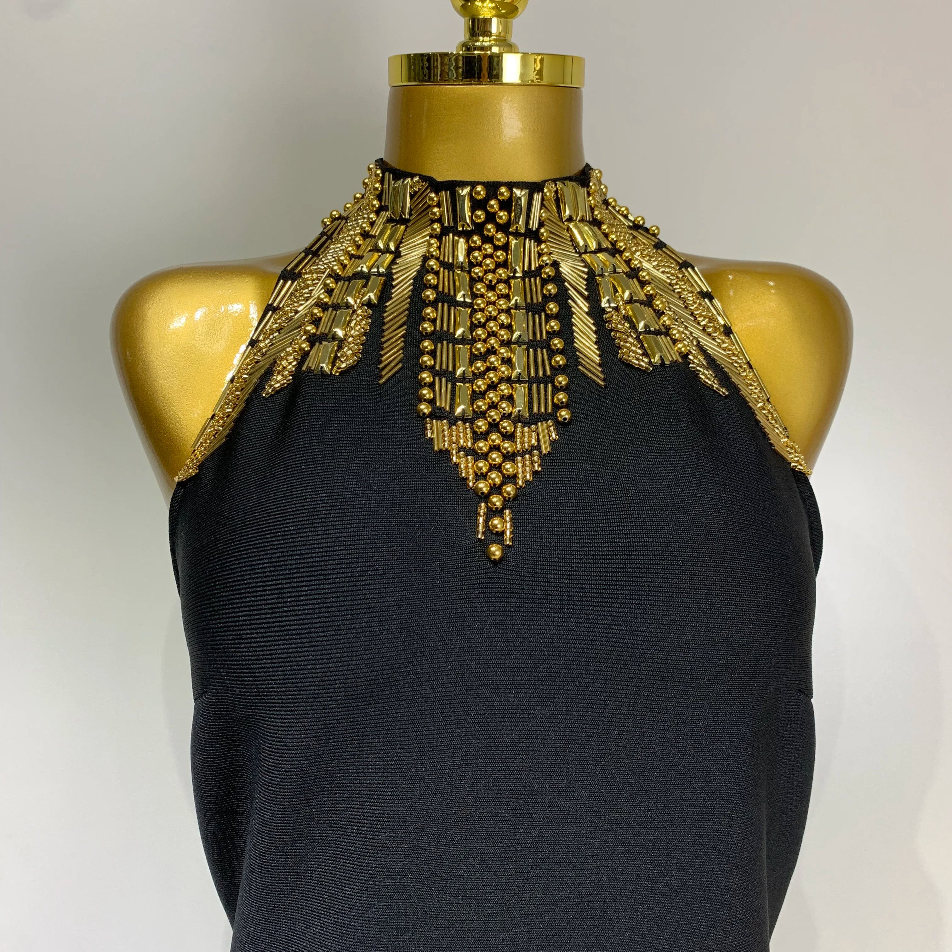 Women Fashion Celebrity Sexy Backless Beading Midi Black Bodycon Bandage Dress 2025 Elegant Evening Club Luxury Birthday Dresses