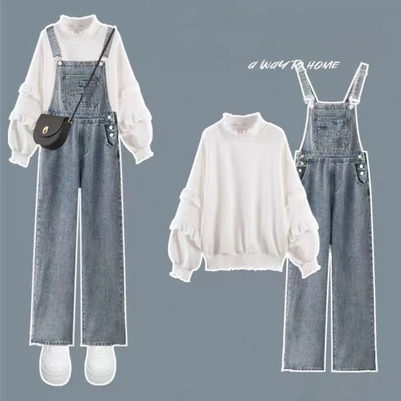 Women Preppy Style Spring Autumn Sweatshirt Overalls Denim Pants 1 or 2 Piece Set Korean Lady Daily Ruffle Tops Jeans Outfits Set A