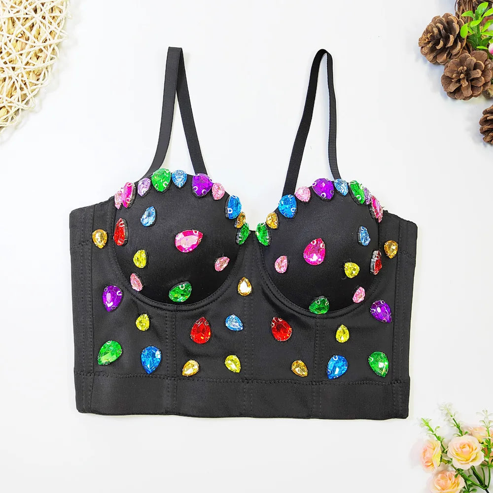 Fashion Sexy Women's Bustier Bra Hand-made Pearls Jewel Diamond Beading Crop Tops Female Cropped Sling Vest Top Bling Bra style 3 as pic 5