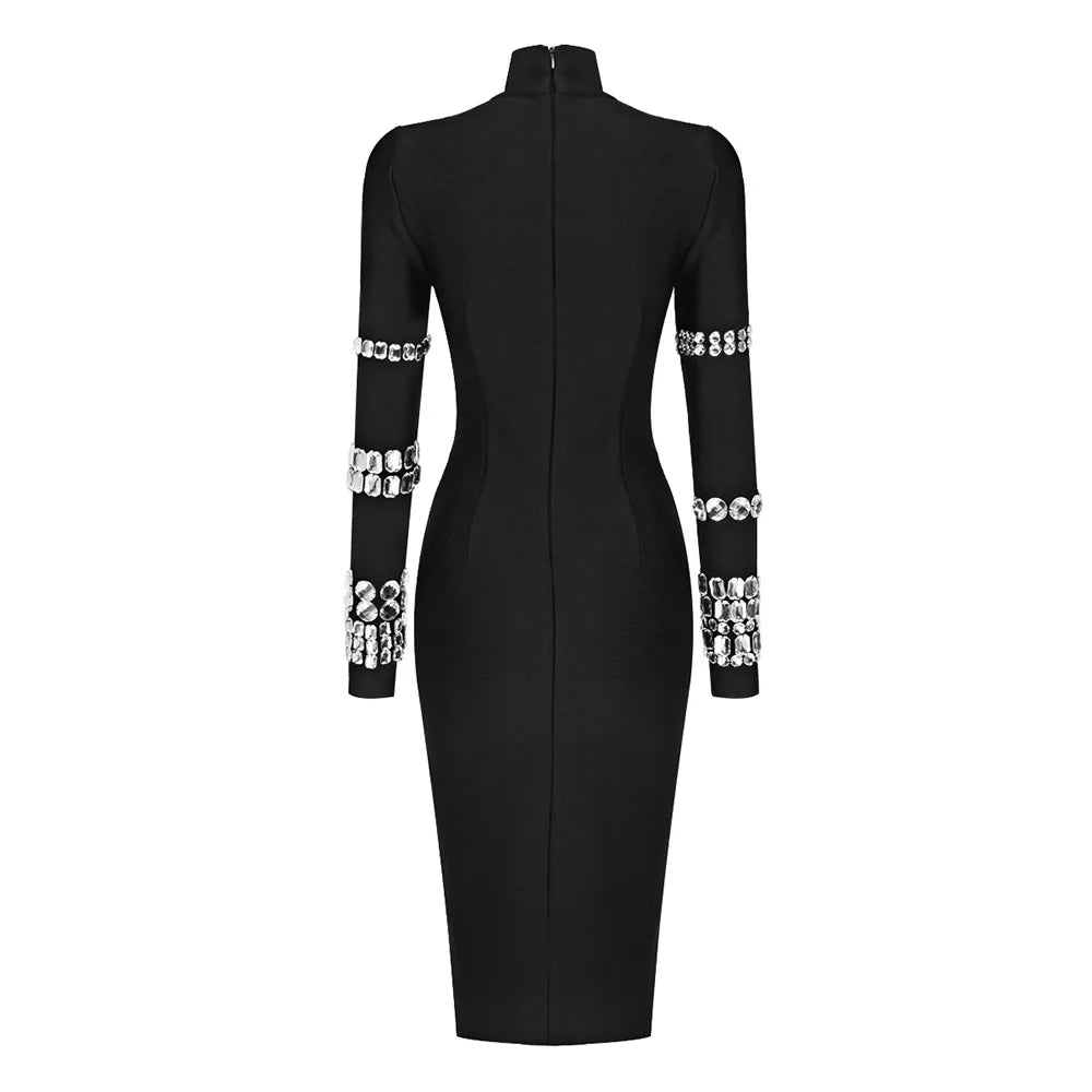 Elegant Women'S Luxury Long Sleeve Diamond Sexy Black Bandage Dress Vestidos Para Mujer Evening Party Prom New In Dresses Robe