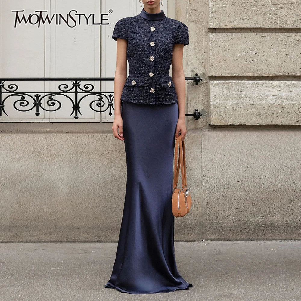 TWOTWINSTYLE Solid Slimming Two Piece Sets for Women Round Neck Short Sleeves Spliced Button Top High Waist Skirt Set Female New