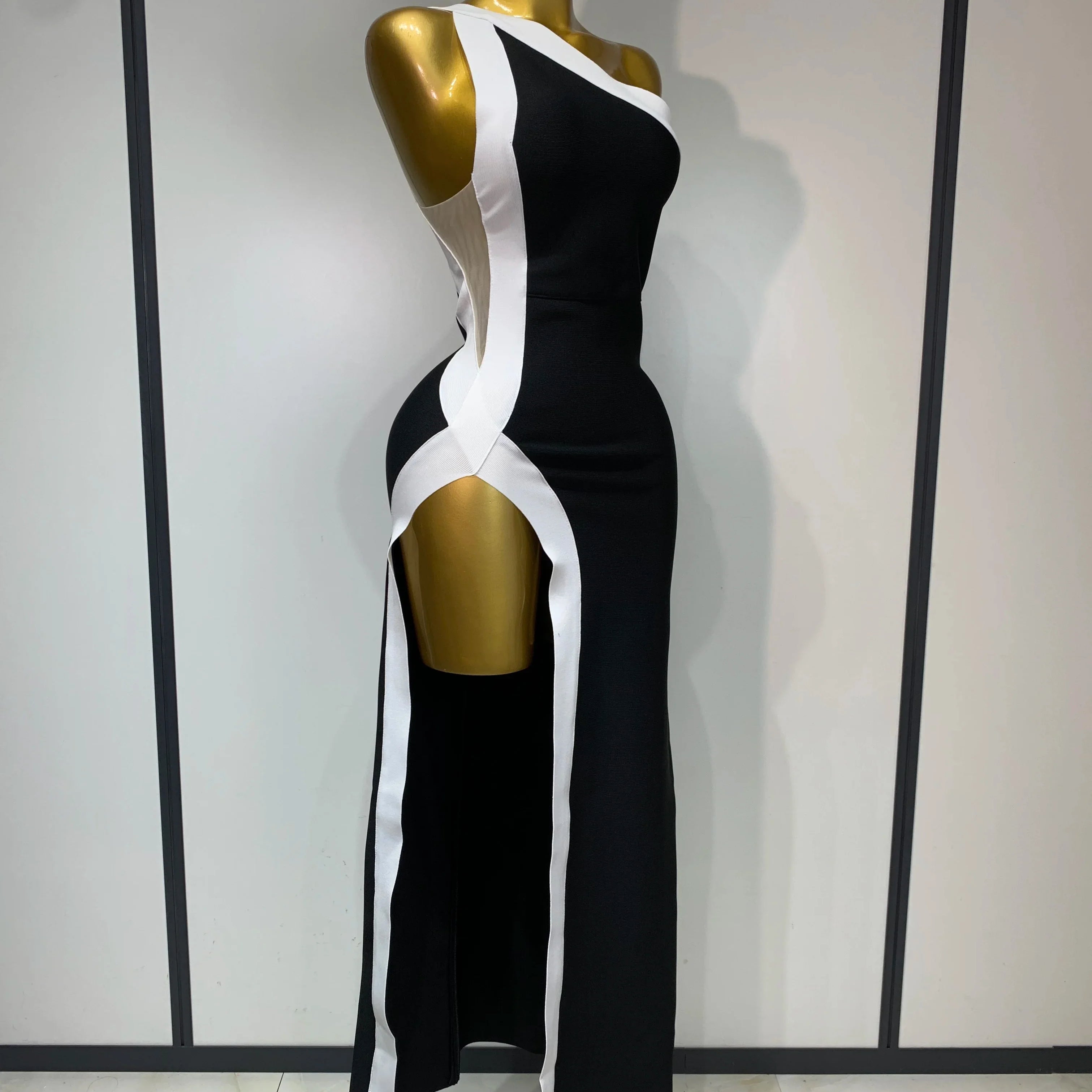 Women Sexy One Shoulder Split Black White Patchwork Bandage Bodycon Dress  Celebrity Elegant Evening Party Birthday Outfit