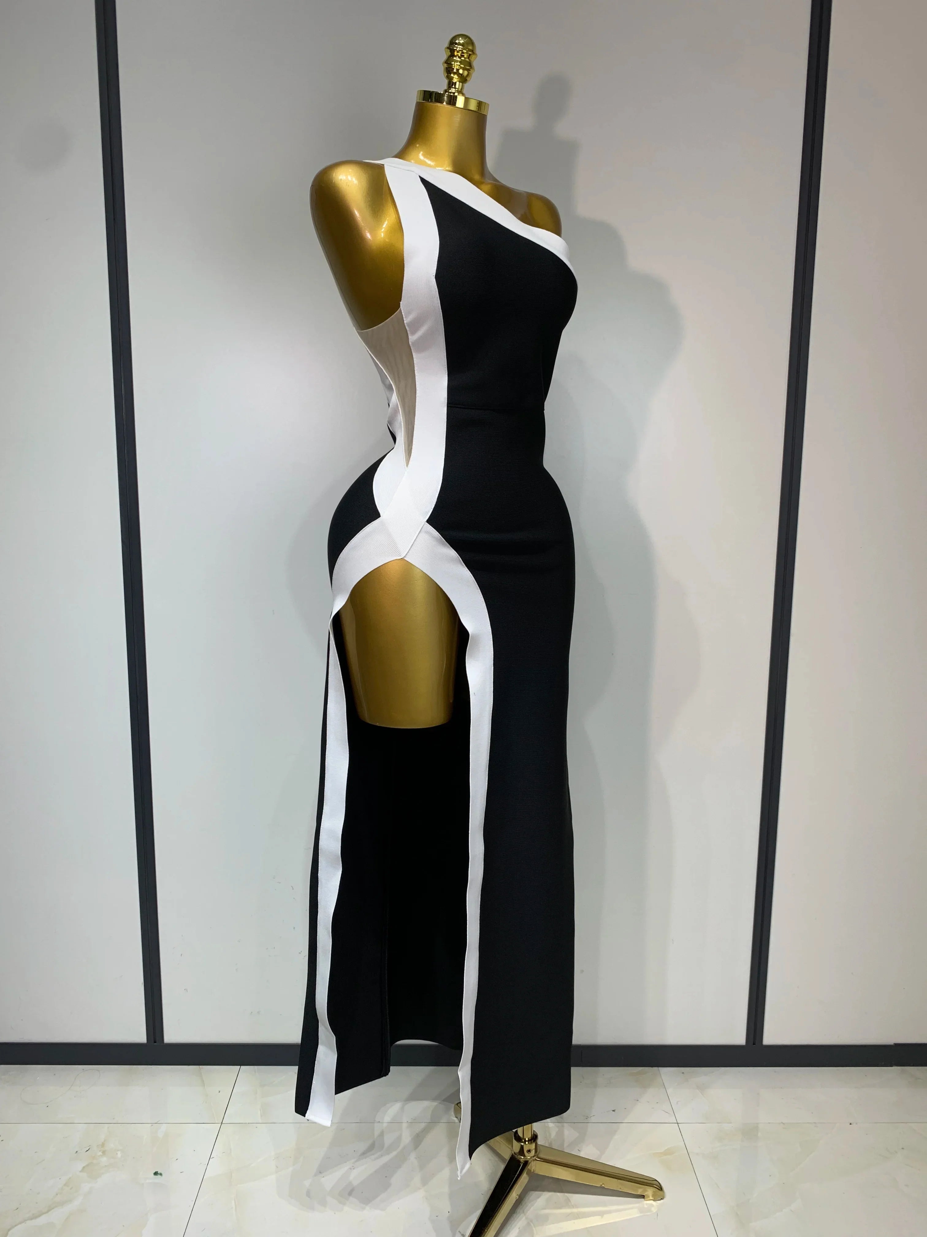 Women Sexy One Shoulder Split Black White Patchwork Bandage Bodycon Dress  Celebrity Elegant Evening Party Birthday Outfit
