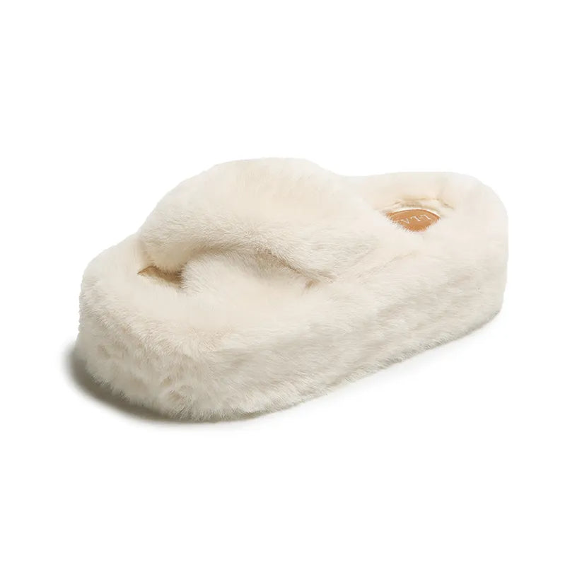 Chunky Platform Fur Slippers Women Winter Thick Bottom Furry Outdoor Slippers Woman Plus Size 42 Short Plush Designer Shoes beige