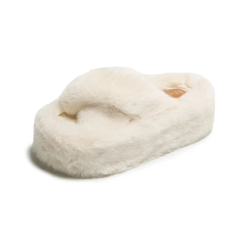 Chunky Platform Fur Slippers Women Winter Thick Bottom Furry Outdoor Slippers Woman Plus Size 42 Short Plush Designer Shoes beige