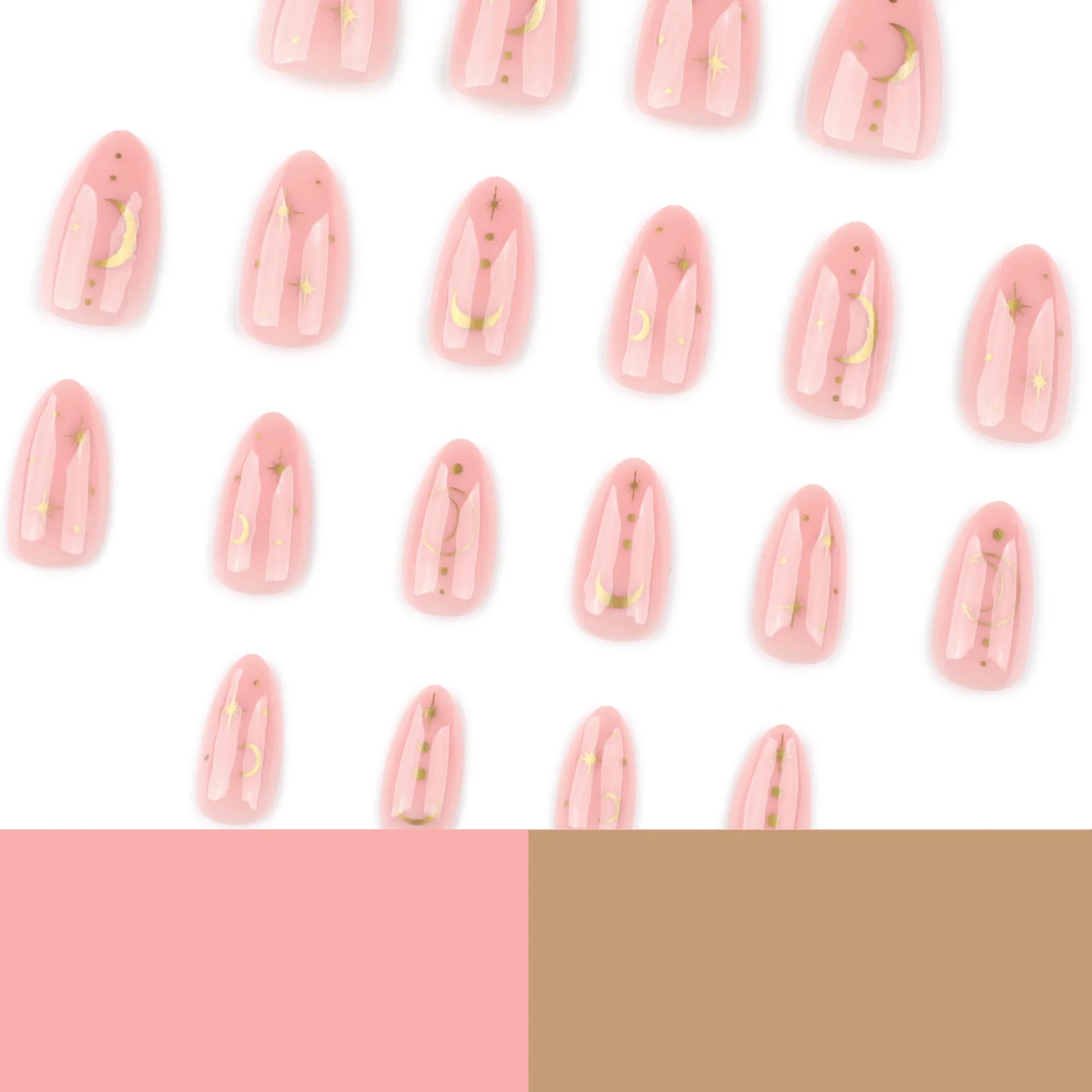 24pcs Star Moon Print False Nails Sweet Pink Short Almond Fake Nails Tips Wearable Detachable Simple Nude Color Press on Nails