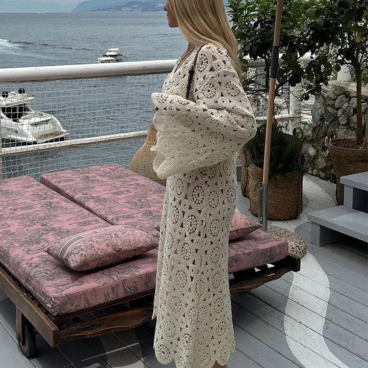 Elegant Hook Flower Hollowed Out Midi Dress Women V Neck Long Flare Sleeves Loose Robes New Fashion Female Vacation Vestido