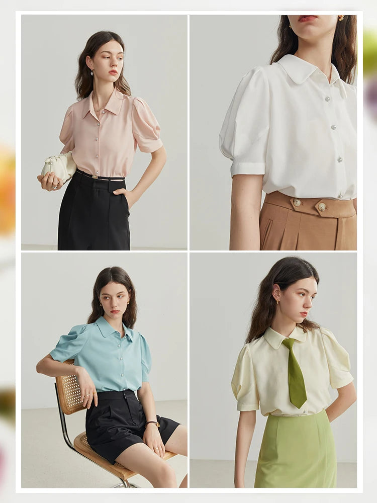 French Court Style Women Shirts Puff-sleeved Short Sleeve Elegant Vintage Casual Female Blouses Tops