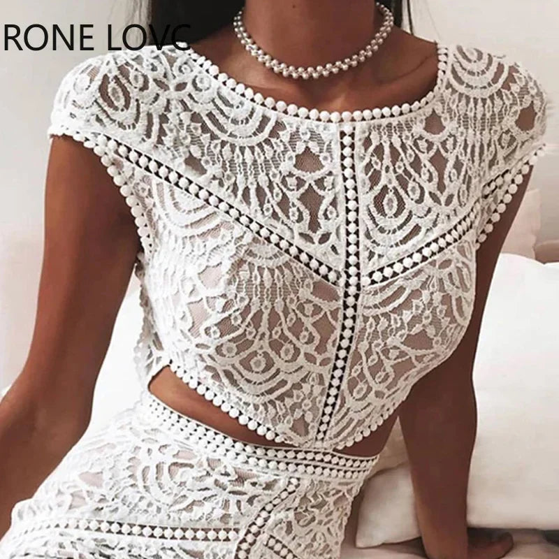 Women Solid Crochet Lace Mesh Mini Dress Elegant Fashion Chic Dress Bodycon Dress