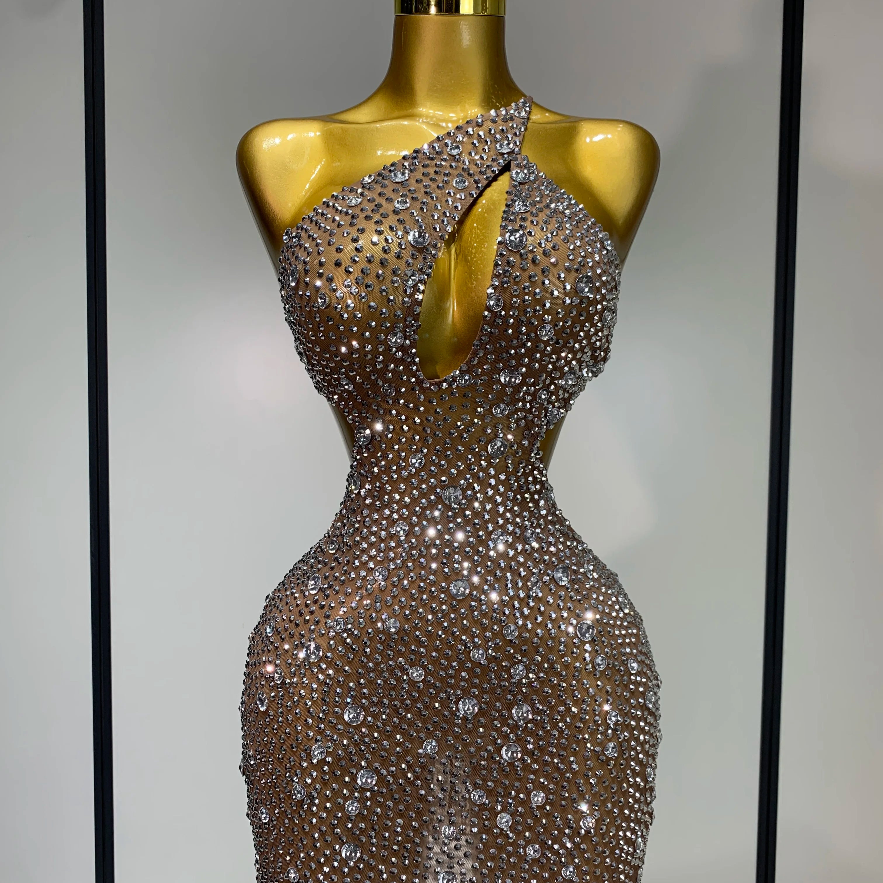 Women Sexy Mesh See Through One Shoulder Luxury Rhinestones Stage Costume Singer Dancer Nightclub Evening Party Birthday Dresses