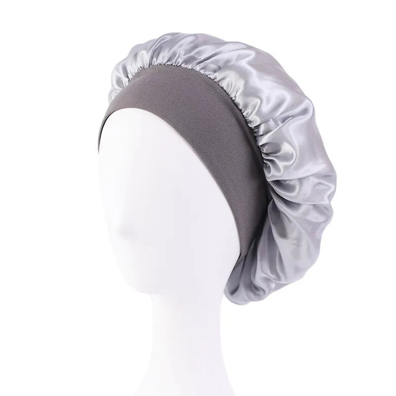 Women's Satin Solid Wide-brimmed Sleeping Hat Unisex Head Wrap Elastic Band Cap Hair Care Bonnet Night Hat bonnet de nuit Silver