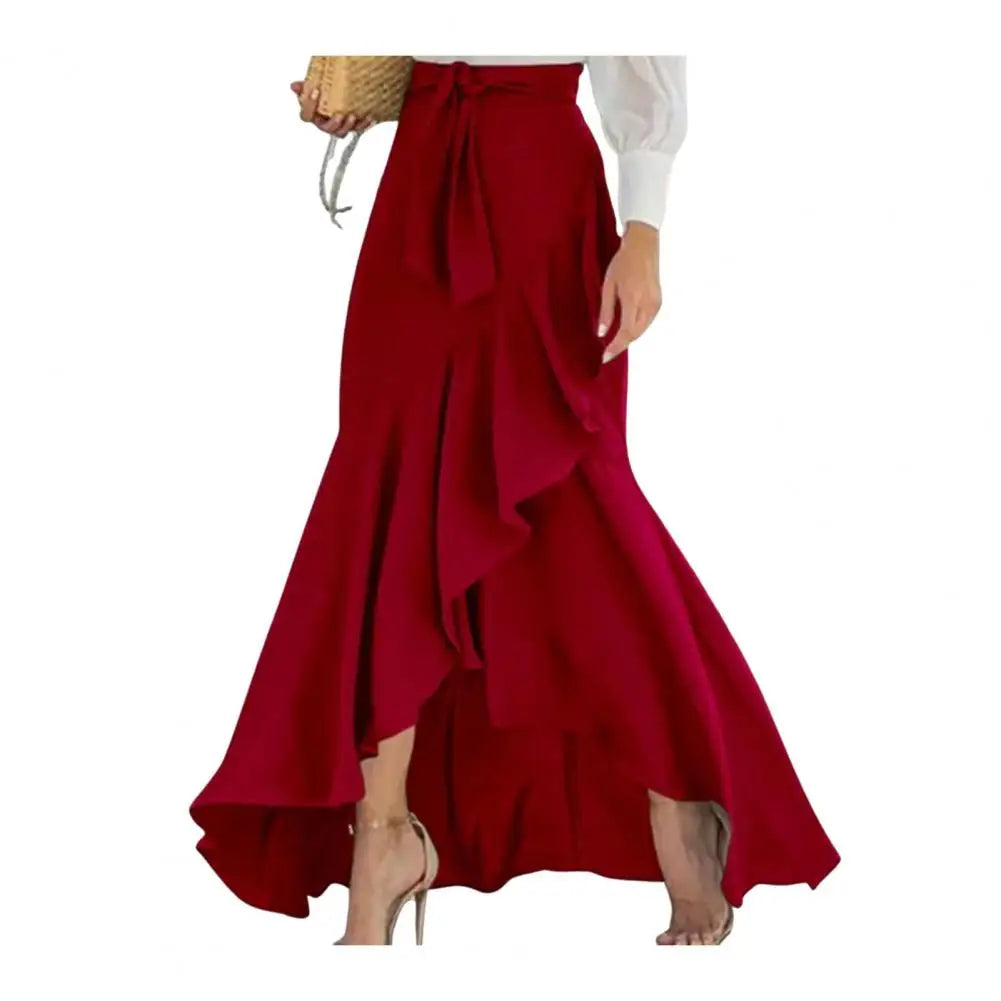 Breathable Skirt Elegant Lace-up Ruffle Trim Maxi Skirt with Plaid Print Bow Tie Detail High Waist Irregular Hem Skirt for Women Wine Red