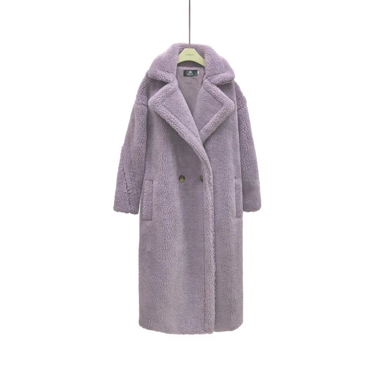 New Winter Coat Women Wool Sheep Shearing Faux Fur Warm Coat Women's Medium Long Large Grain Lamb Wool Thick Teddy Bear Outwear Light Purple