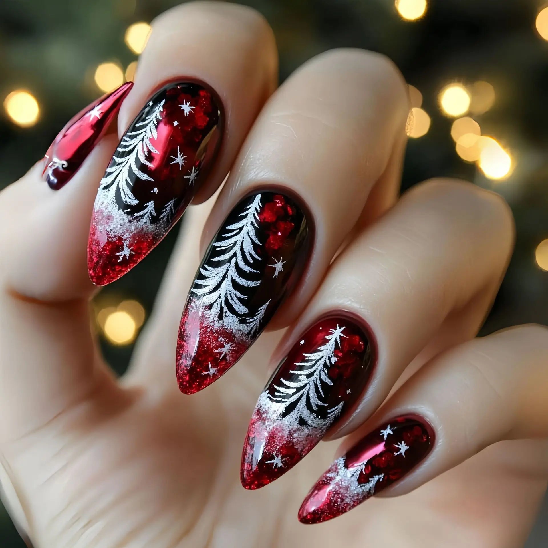 24pcs Simple Almond Fake Nail Christmas Glitter Red Full Cover Nail Tips Snowflake Design False Nails Round Head Press on Nails