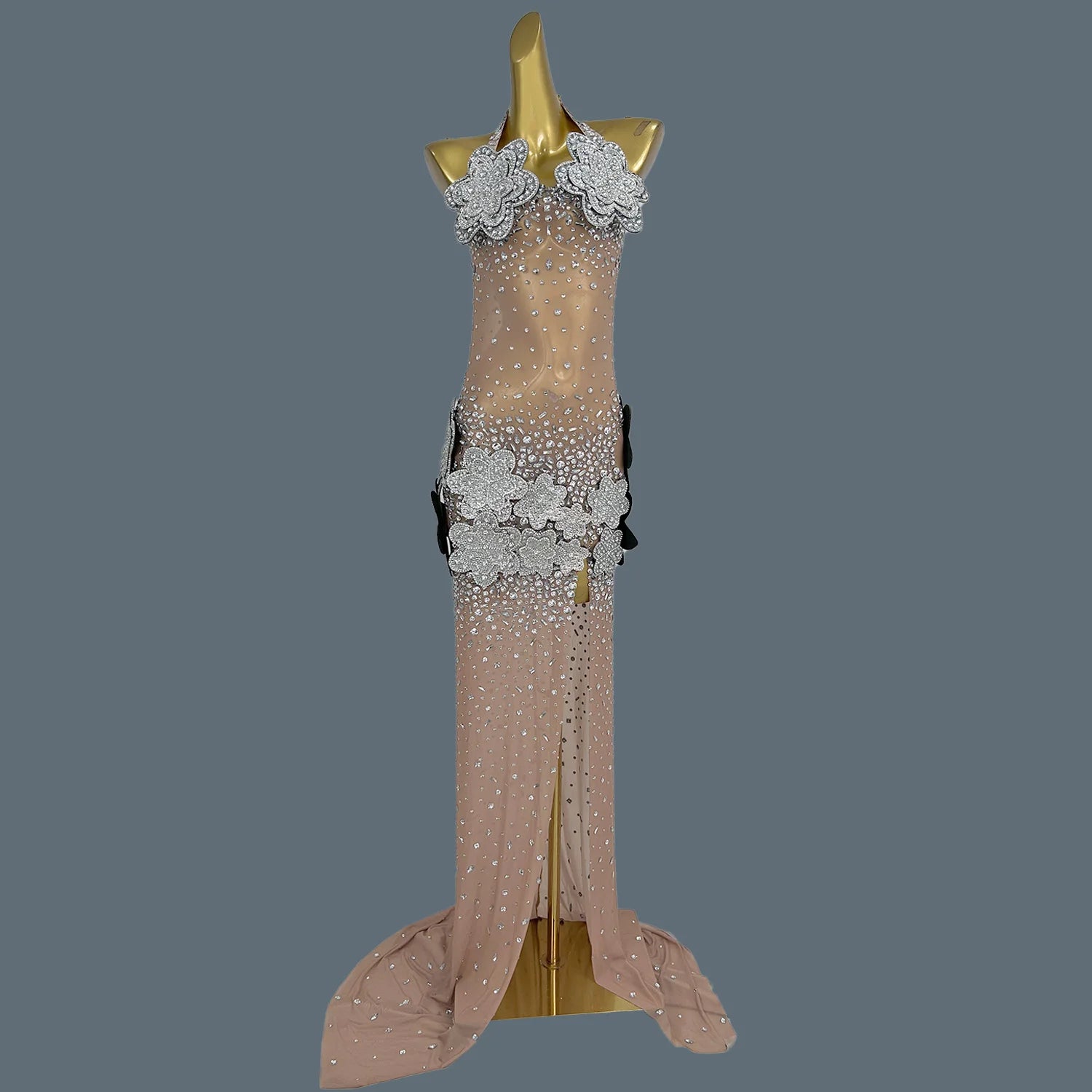 3D Flower See Through Mesh Evening Dress Sexy Women High end Couture Sparkly Rhinestone Party Long Dress Event Outfit Tiehua