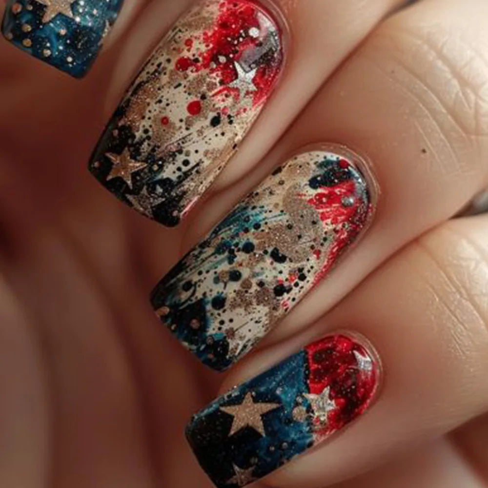 24Pcs Fake Nails with Colorful Starry Sky Square Press on Nails Full Cover Dreamy Star Moon Meteor Girl Detachable Nail Tips Art