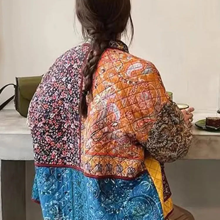 Floral Printed Cotton Jacket For Women Long Sleeve Patchwork Pocket Contrasting Colors Button Ethnic Causal Coat