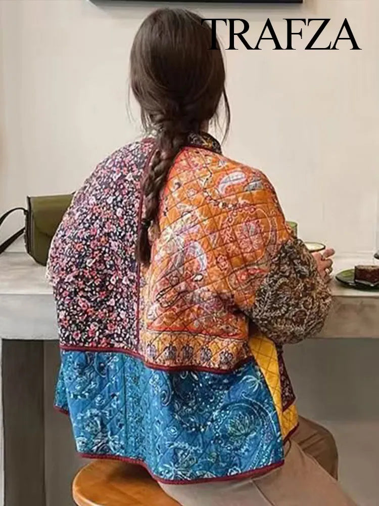 Floral Printed Cotton Jacket For Women Long Sleeve Patchwork Pocket Contrasting Colors Button Ethnic Causal Coat