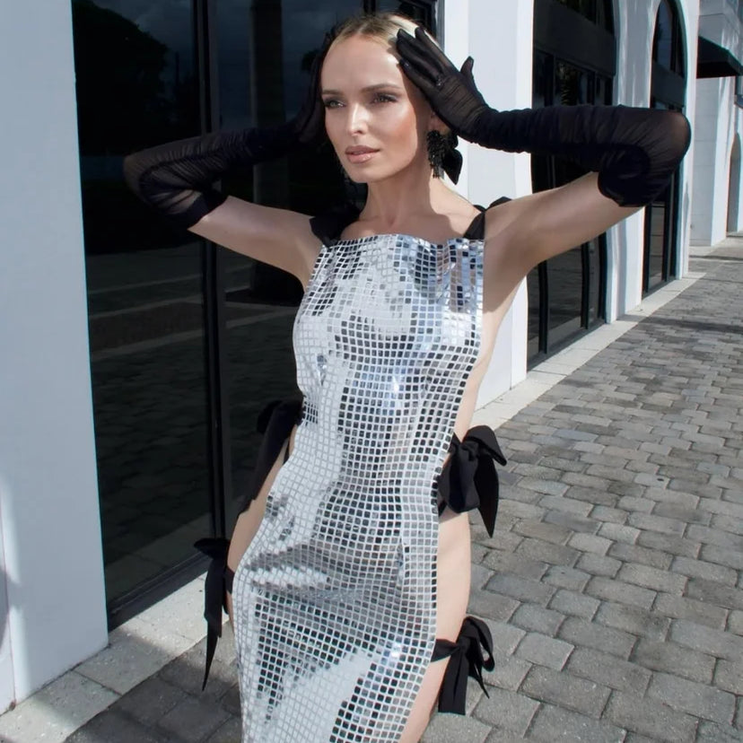 Celebrity Red Carpet Dress Women Sleeveless Sexy Shinning Sequined Bodycon Long Dress Side Bow Celebrate Evening Party Wear