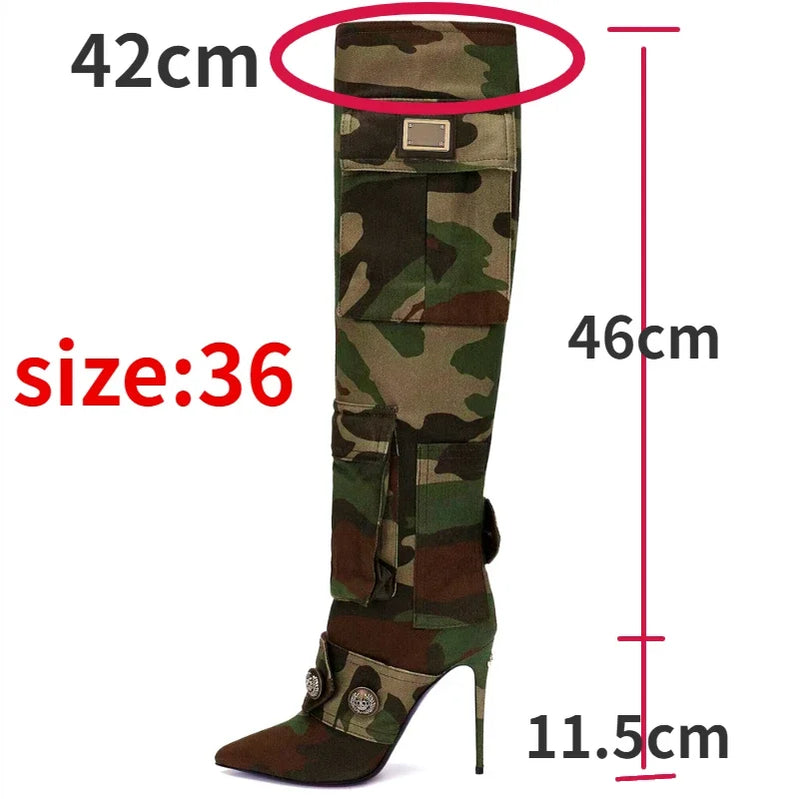 Women's Denim Camouflage Knee High Boots 2023 Autumn Winter Pointed Toe High Heel Slip on Button Vintage Fashion Shoes Size 43