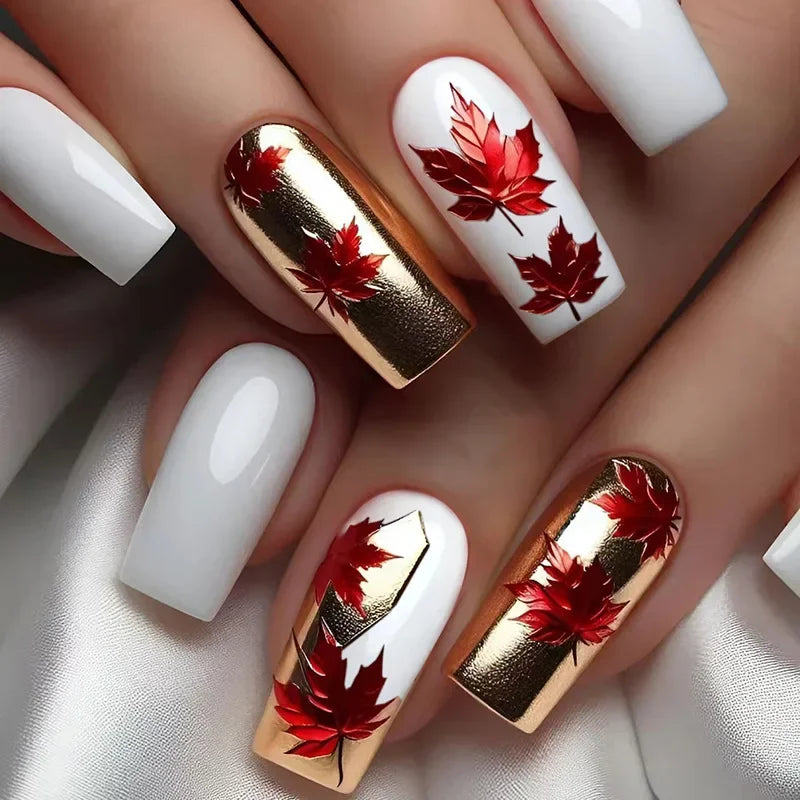 24Pc Retro Gold False Nails Mid-length Square Ballet Acrylic Press on Nails with Maple Leaves Designs Fake Nails with Jelly Glue
