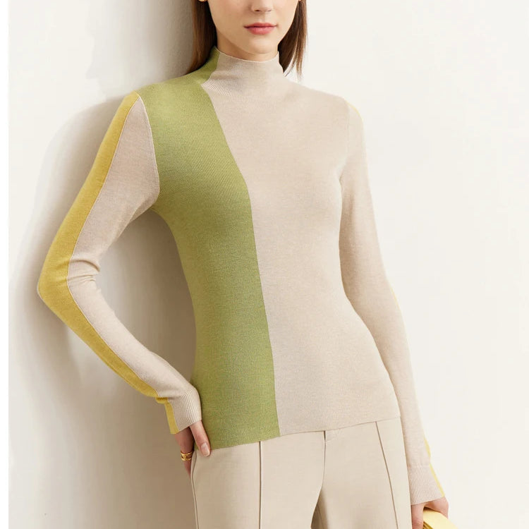 Minimalism Knitted Sweater Women Autumn All-match Slim Half High Collar Splicing Design Soft Clothing Tops