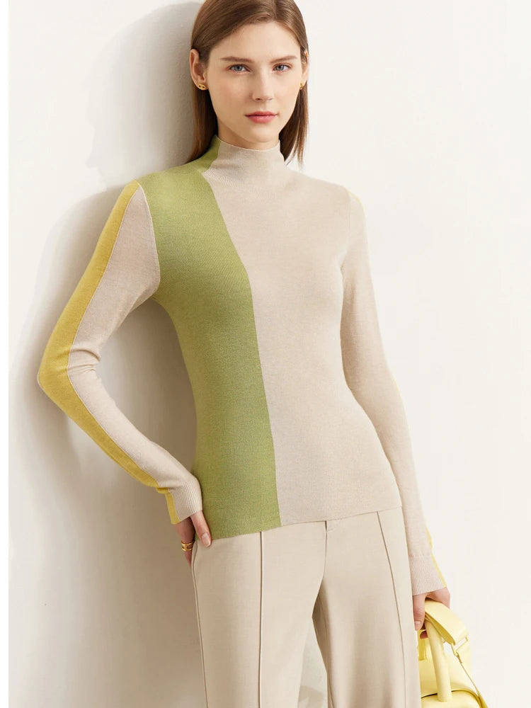 Minimalism Knitted Sweater Women Autumn All-match Slim Half High Collar Splicing Design Soft Clothing Tops