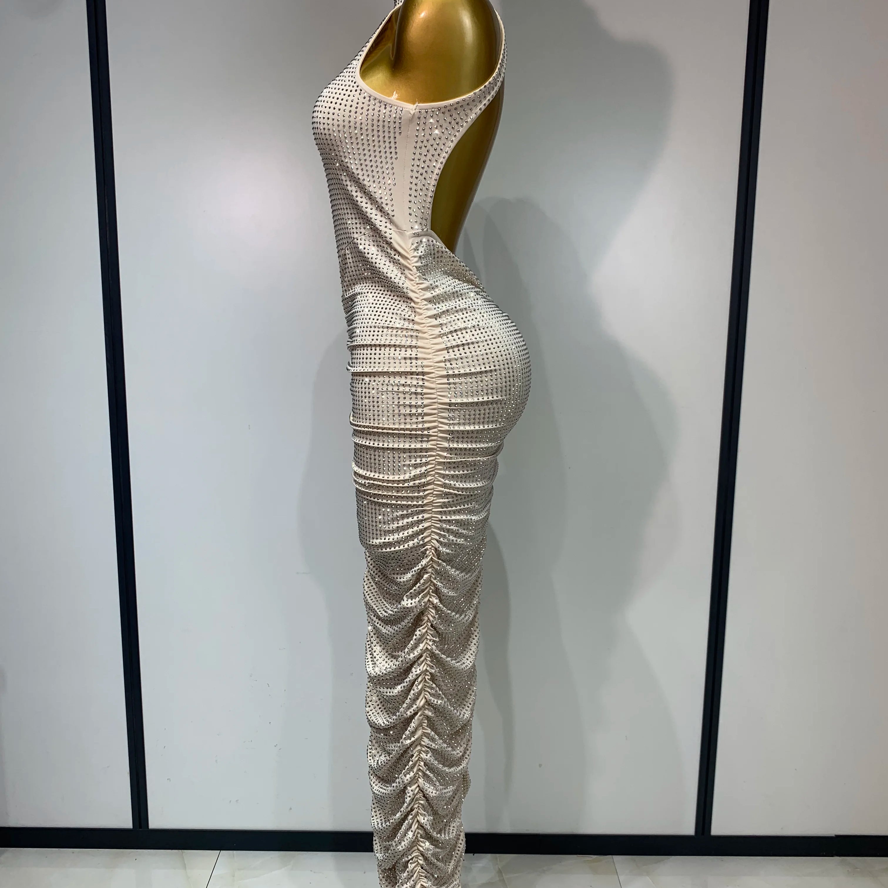 Women Sexy Backless Sleeveless Sparkly Diamonds Dress Slim Formal Elegant Celebrity Cocktail Party Luxury Birthday Gown Vestido