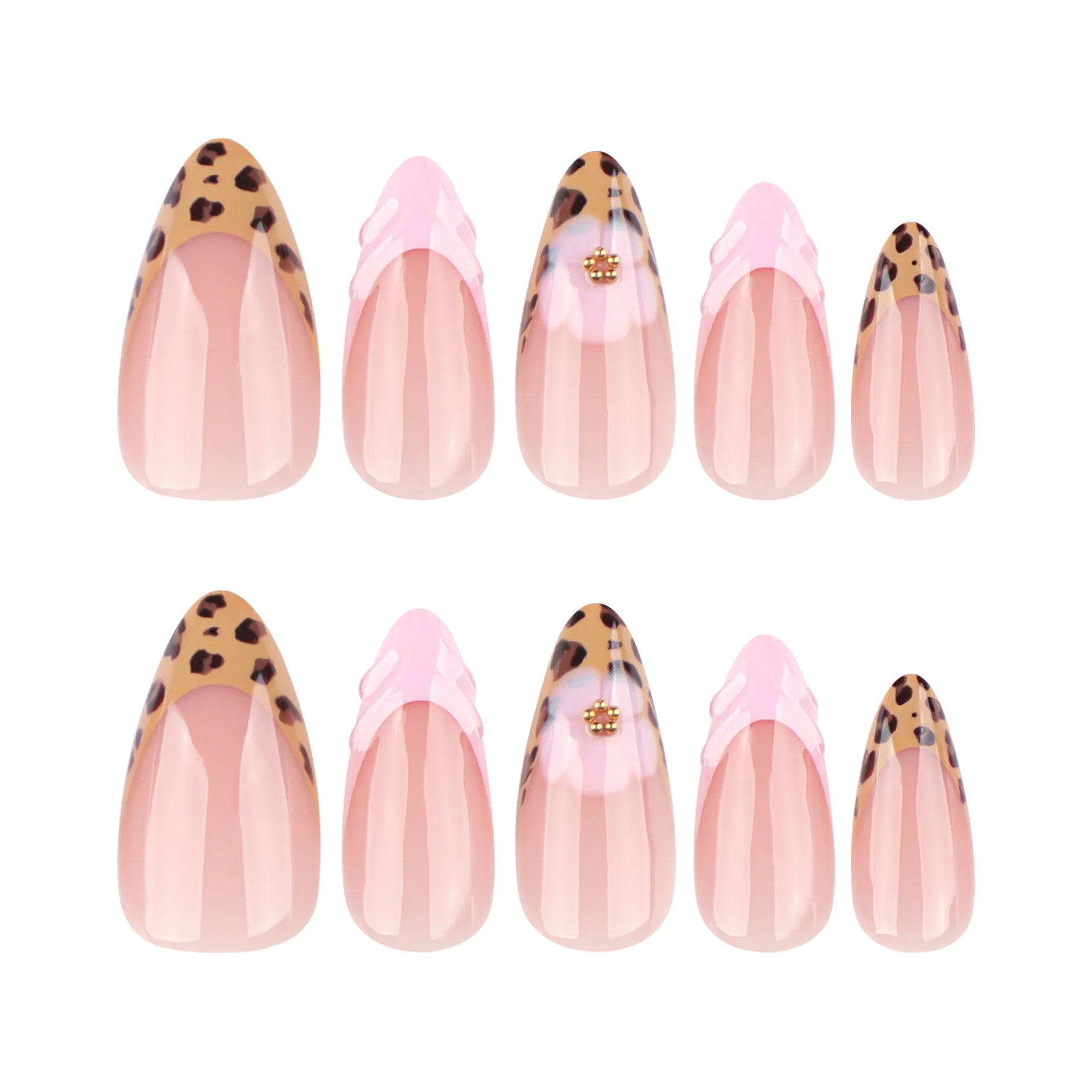 24pcs Leopard Print French False Nails Pink Flower Decor Press on Nails Wearable Reusable Sweet Cool Almond Fake Nail Tips