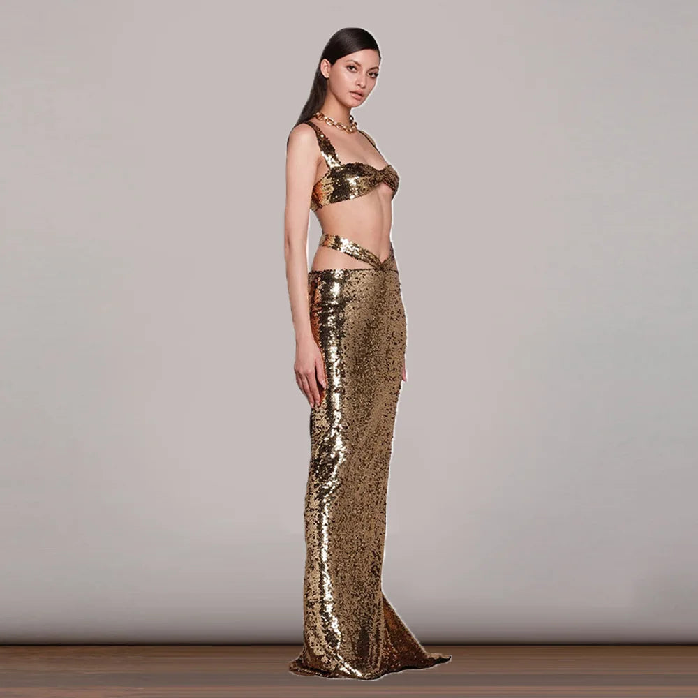 Skirts Sets Crop Top + Low Waist New Two Piece Set Birthday Outfit Luxury Suit Summer New Sequins Prom Elegant Gowns