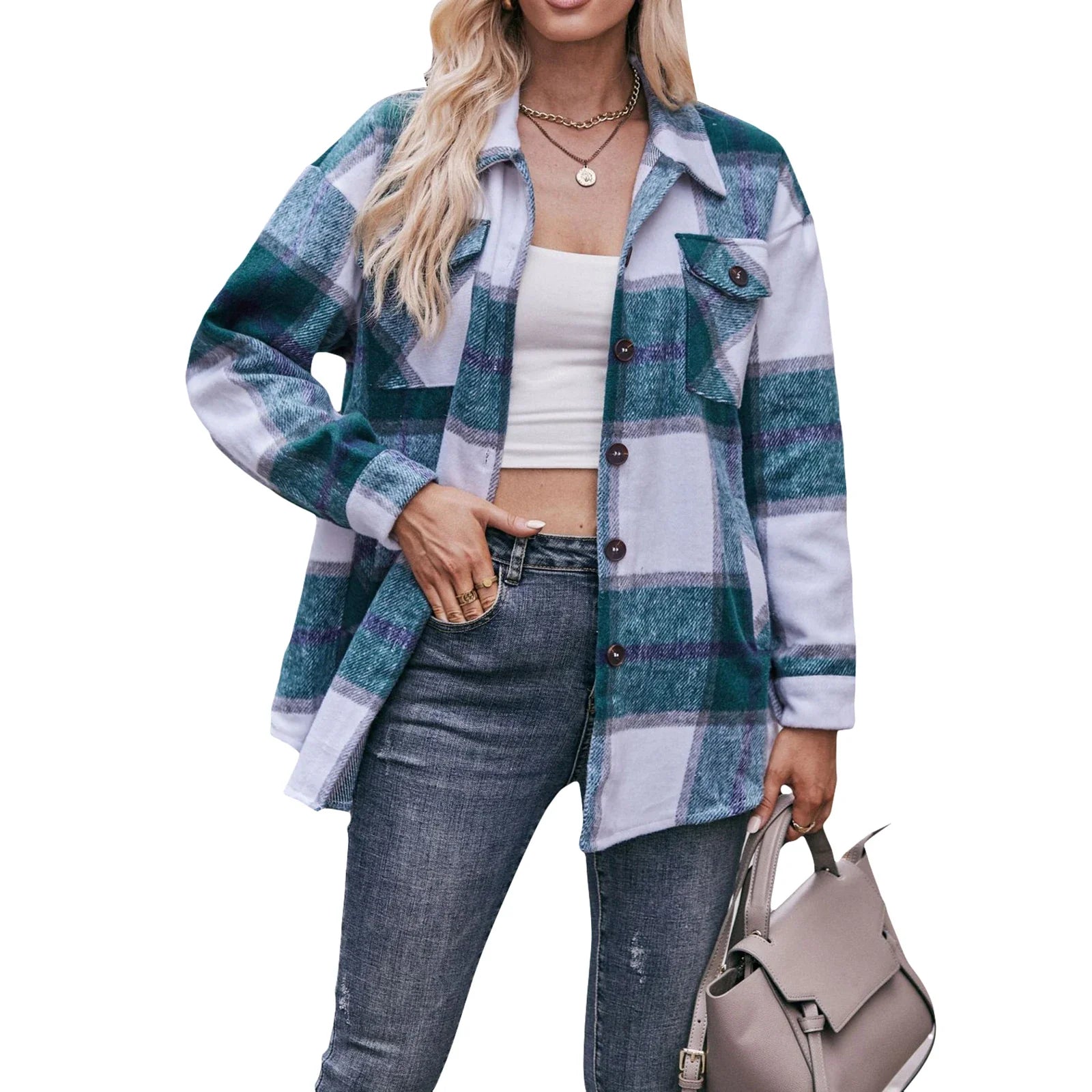 Women s 2023 Autumn Winter Plaid Flannel Button Down Shirts - Stylish Oversized Boyfriend Fit Tops for a Trendy Look green