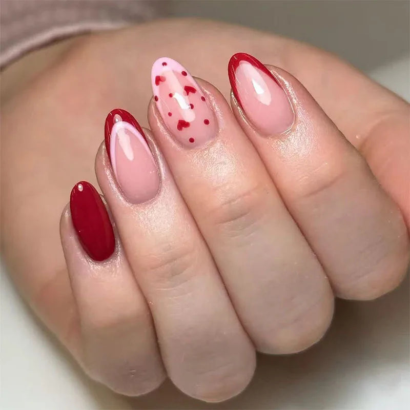White French Fake Nails Nude Color Short Square Press On Nail Red Love Heart/Star/Dot Printed Women Valentine's Day DIY Manicure