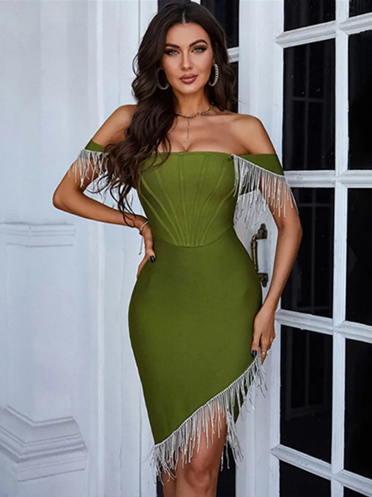 Summer Sexy Off Shoulder Army Green Red Diamonds Tassel Mini Bodycon Bandage Dress 2023 Elegant Evening Party Dress Vestido