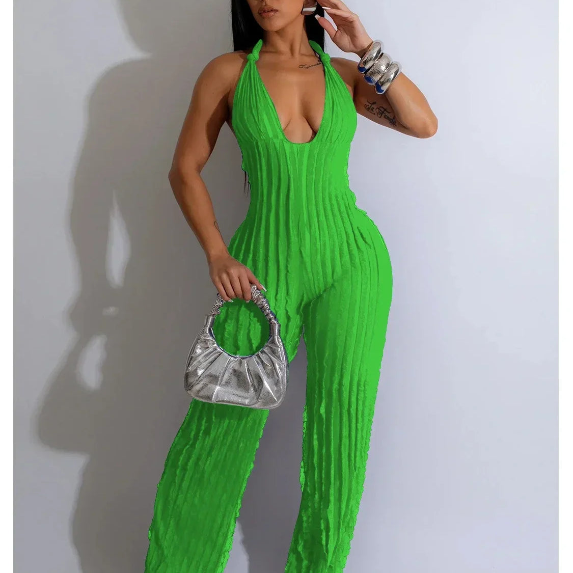 CM.YAYA Fashion Ruffles Women Halter Deep V-neck Backless Wide Leg Jumpsuit 2023 Sleeveless Chic Playsuit One Piece Suit Romper