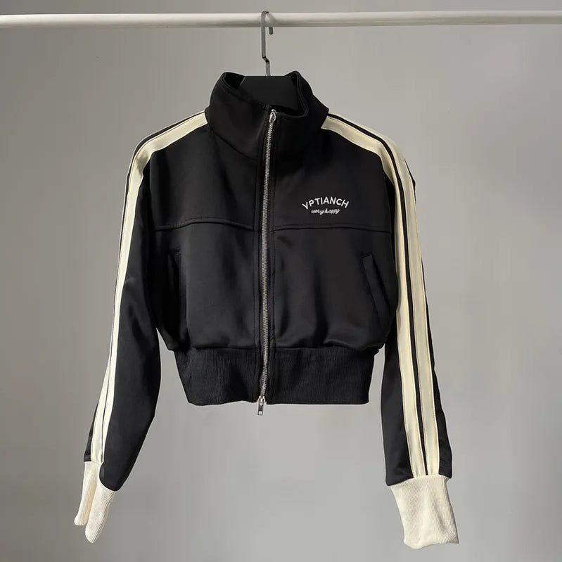 [YOZOU] Spring Double Zipper Baseball Cropped Jacket Women Outerwear Embroidered Striped Green Black White Blue Zip Up Coat black