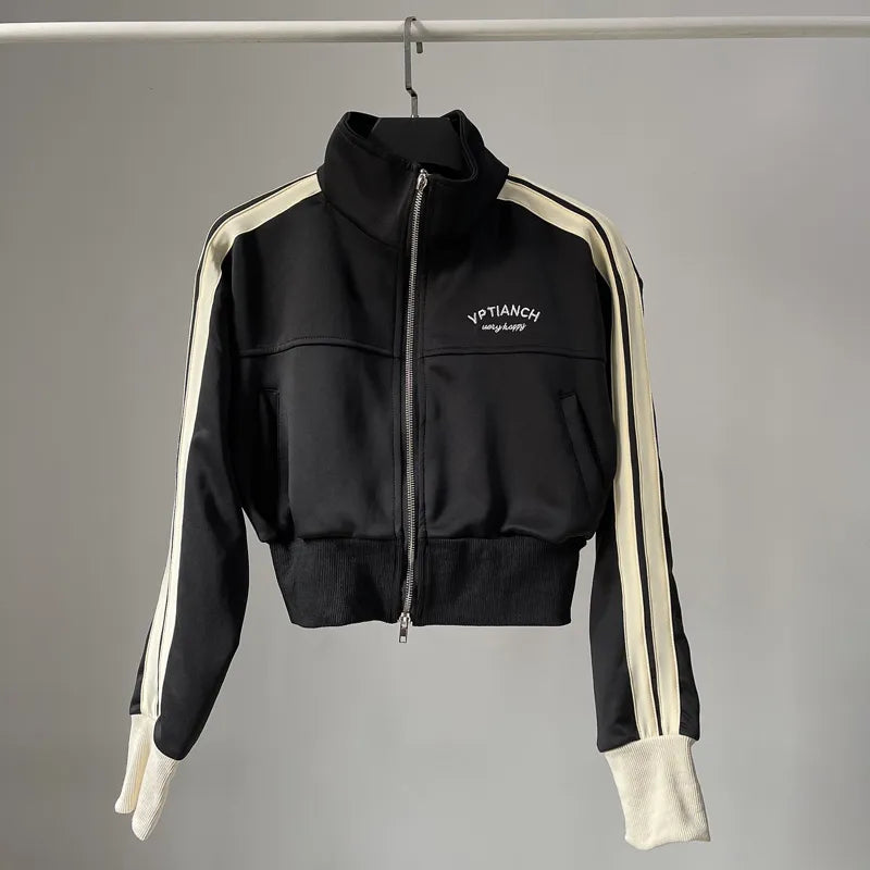 [YOZOU] Spring Double Zipper Baseball Cropped Jacket Women Outerwear Embroidered Striped Green Black White Blue Zip Up Coat black