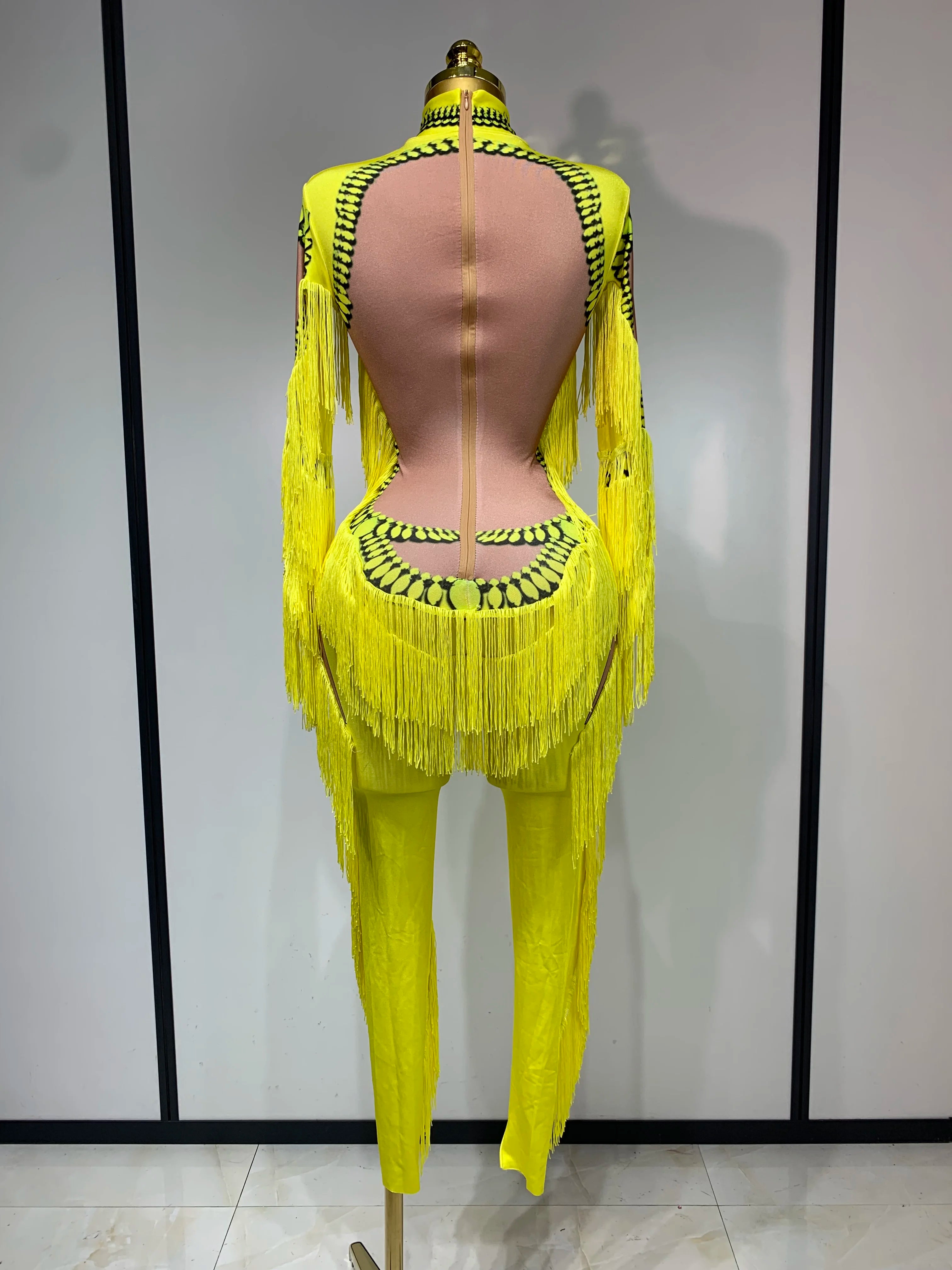 Yellow Tassel Stretch Bodycon Jumpsuit Nightclub Gogo Dance Clothing Dj Rave Outfit Nightclub Party Singer Performance Outfit