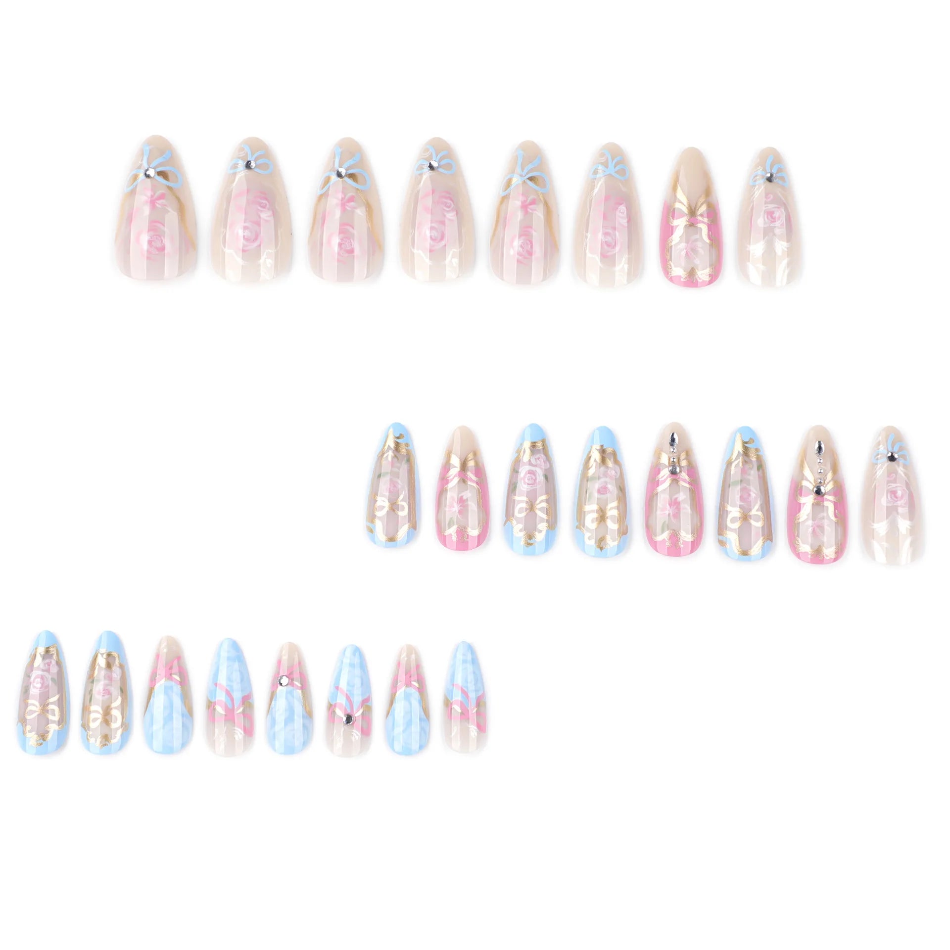 24pcs Sweet Rose Pattern False Nails Ins Korean Girl Fake Nails Tips Wearable Detachable Sweet Cool Almond Press on Nails