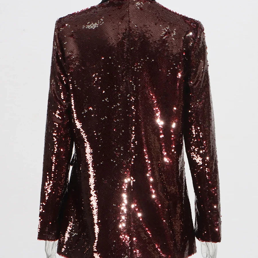 TWOTWINSTYLE Solid Slimming Spliced Sequins Blazer for Women Lapel Long Sleeves Patchwork Pockets Coat Female Fashion Clothing