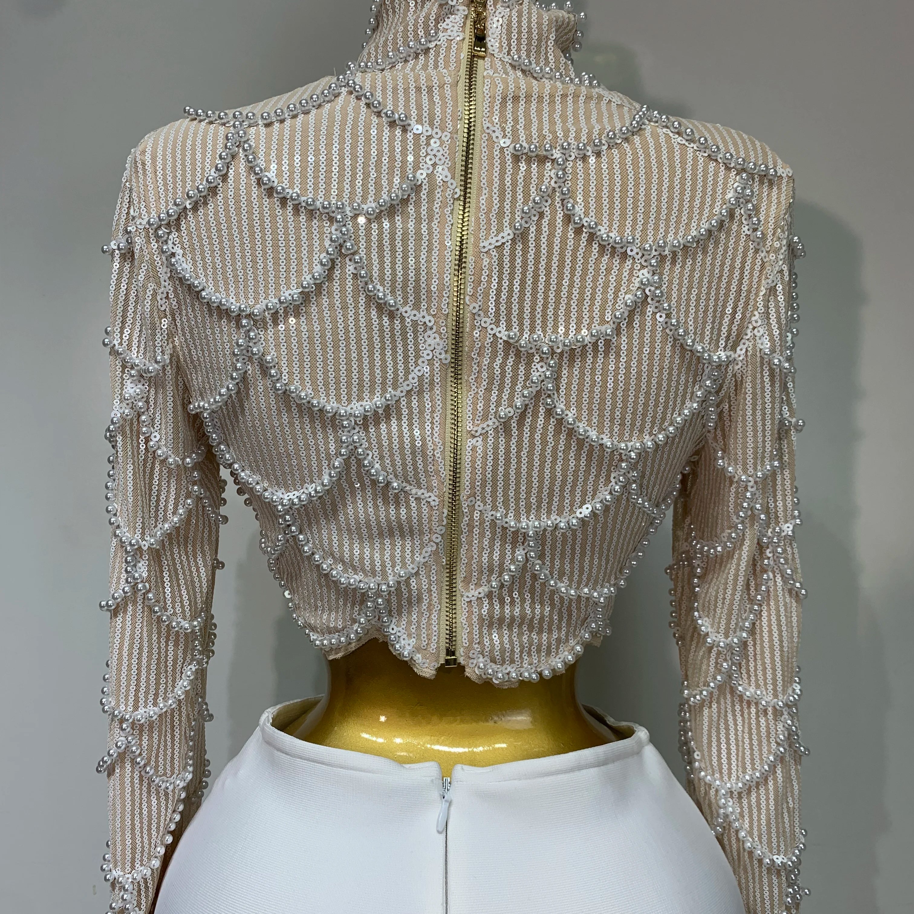 Women Long Sleeve Sexy Beading Tops Two Pieces Set Bodycon Long Bandage Dress Luxury Birthday Evening Party Wedding Guest Gowns